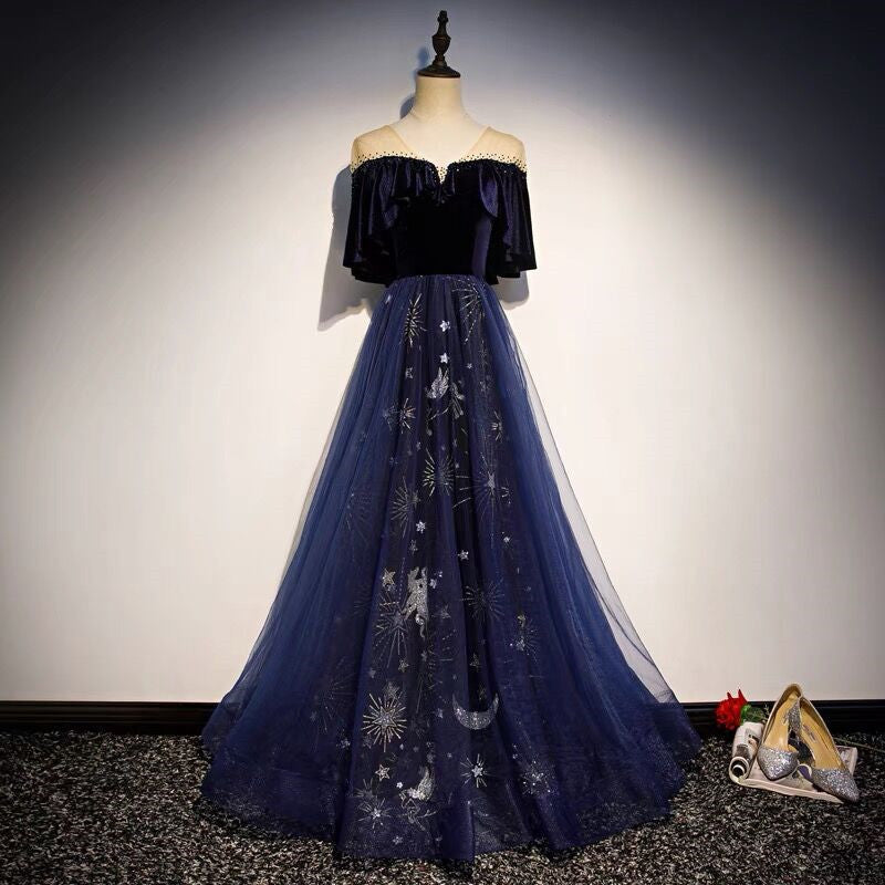 Blue Tulle With Velvet Long Party Dress, A-Line Off Shoulder Classy Dress Classy Prom Dress