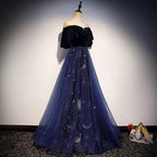 Blue Tulle With Velvet Long Party Dress, A-Line Off Shoulder Classy Dress Classy Prom Dress