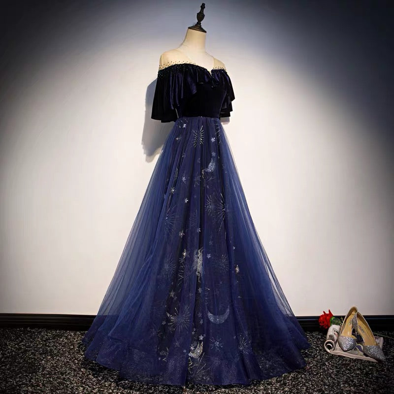 Blue Tulle With Velvet Long Party Dress, A-Line Off Shoulder Classy Dress Classy Prom Dress