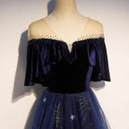 Blue Tulle With Velvet Long Party Dress, A-Line Off Shoulder Classy Dress Classy Prom Dress