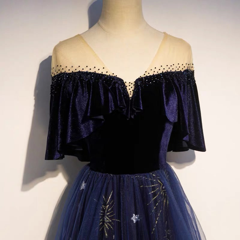 Blue Tulle With Velvet Long Party Dress, A-Line Off Shoulder Classy Dress Classy Prom Dress