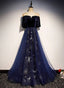 Blue Tulle With Velvet Long Party Dress, A-Line Off Shoulder Classy Dress Classy Prom Dress