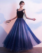 Blue Tulle With Velvet Straps Long Party Dress, Gorgeous Classy Gown
