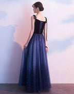 Blue Tulle With Velvet Straps Long Party Dress, Gorgeous Classy Gown