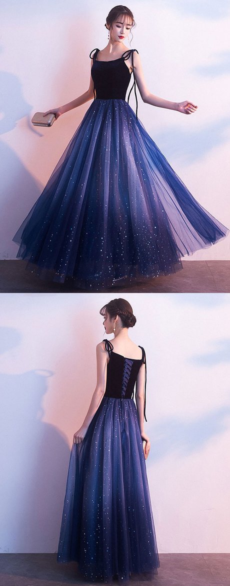 Blue Tulle With Velvet Straps Long Party Dress, Gorgeous Classy Gown