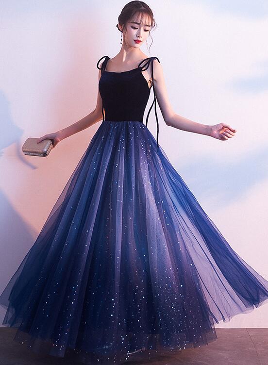 Blue Tulle With Velvet Straps Long Party Dress, Gorgeous Classy Gown Main image