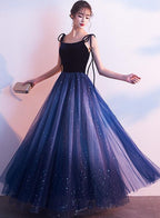 Blue Tulle With Velvet Straps Long Party Dress, Gorgeous Classy Gown