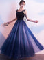 Blue Tulle With Velvet Straps Long Party Dress, Gorgeous Classy Gown