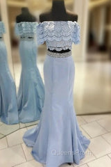 Blue Two-Piece Off-the-Shoulder Lace Mermaid Long Evening Prom Dress