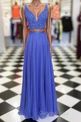 Blue two pieces beads long Evening Prom Dress, blue evening Dress