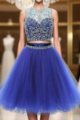 Blue two pieces tulle sequin beads short Evening Prom Dress, blue homecoming