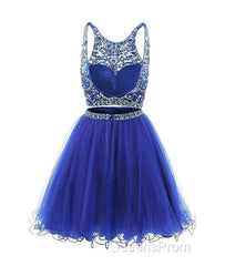 Blue two pieces tulle sequin beads short Evening Prom Dress, blue homecoming