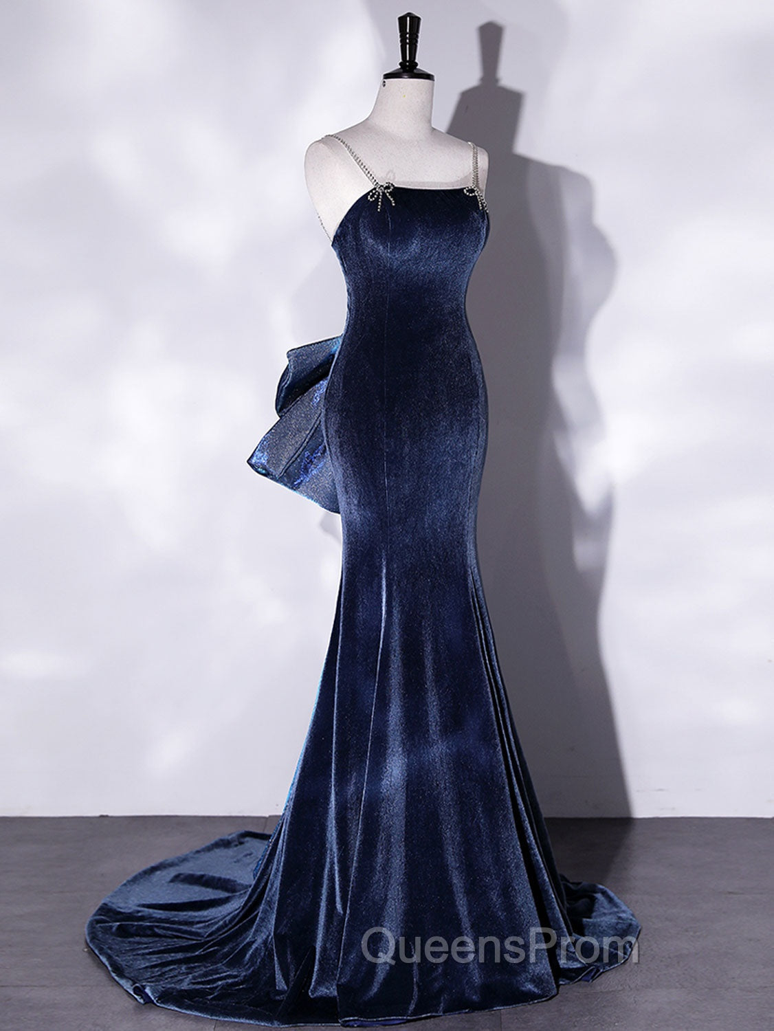 Blue Unique Mermaid Velvet Long Evening Prom Dress, Velvet Evening Dress Secondary image