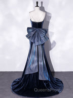 Blue Unique Mermaid Velvet Long Evening Prom Dress, Velvet Evening Dress