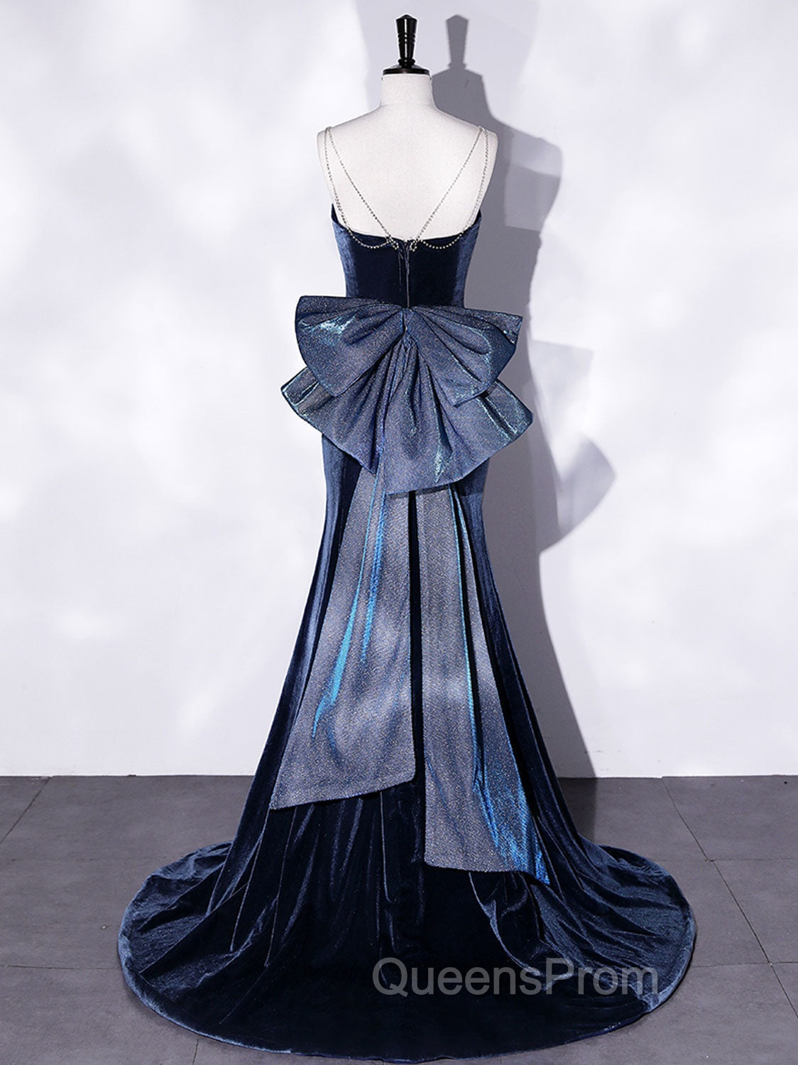Blue Unique Mermaid Velvet Long Evening Prom Dress, Velvet Evening Dress