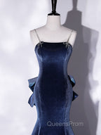 Blue Unique Mermaid Velvet Long Evening Prom Dress, Velvet Evening Dress