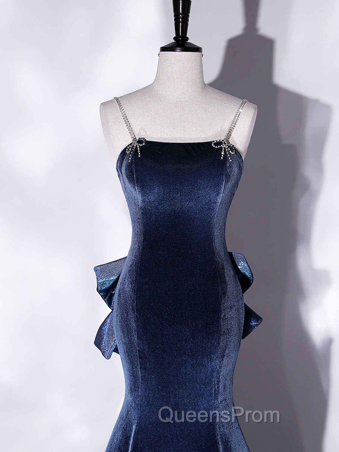 Blue Unique Mermaid Velvet Long Evening Prom Dress, Velvet Evening Dress