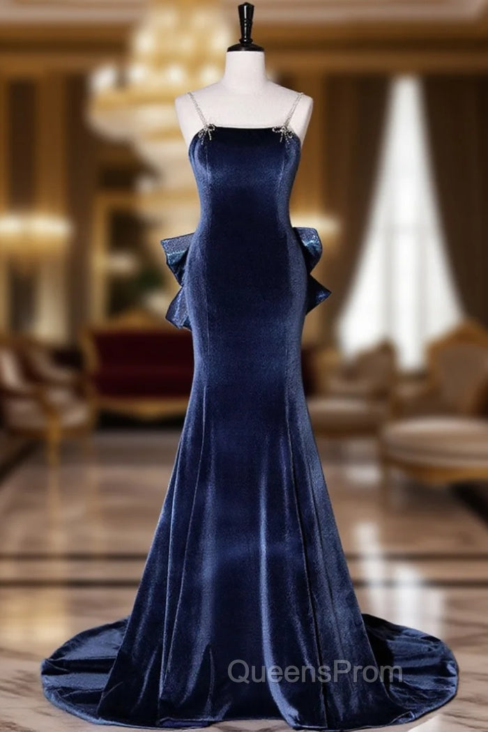 Blue Unique Mermaid Velvet Long Evening Prom Dress, Velvet Evening Dress Main image