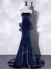 Blue Unique Mermaid Velvet Long Prom Dresses, Velvet Formal Evening Dresses