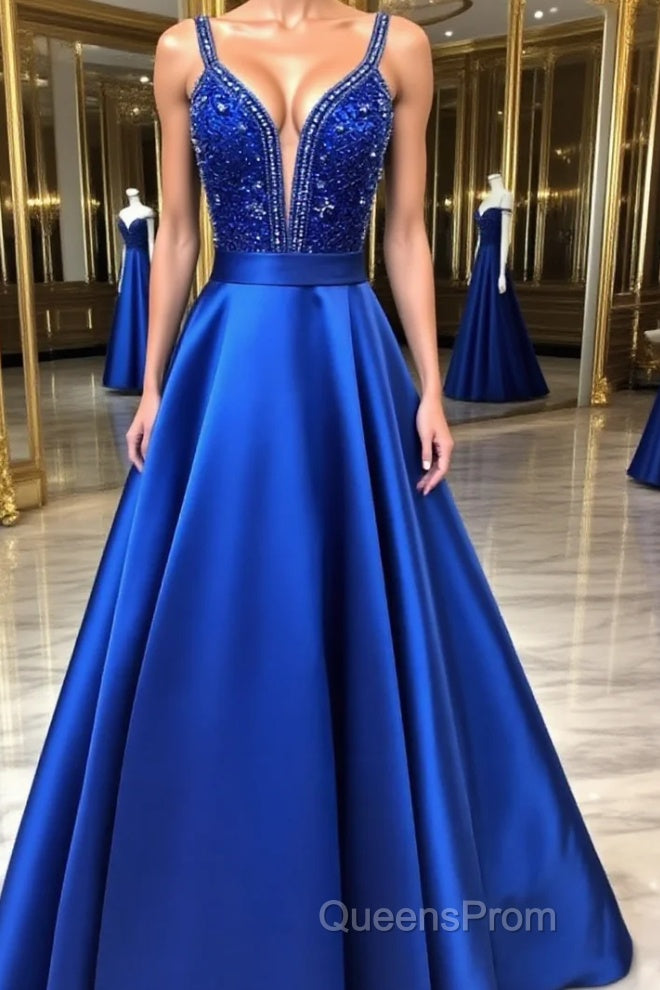Blue v neck beads satin long Evening Prom Dress, blue evening Dress Main image