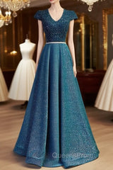 Blue V-neck Cap Sleeve Backless Sequins Beading Evening Prom Dress