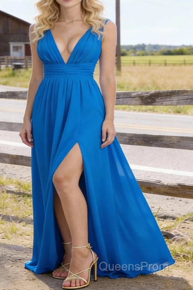 Blue V Neck Chiffon Floor Length Bridesmaid Dresses Long Bridesmaid Dress With Pleated Split Main image