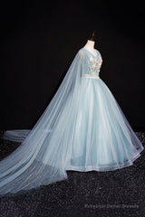 Blue V-Neck Lace Long Prom Dress, Blue A-Line Formal Evening Dress