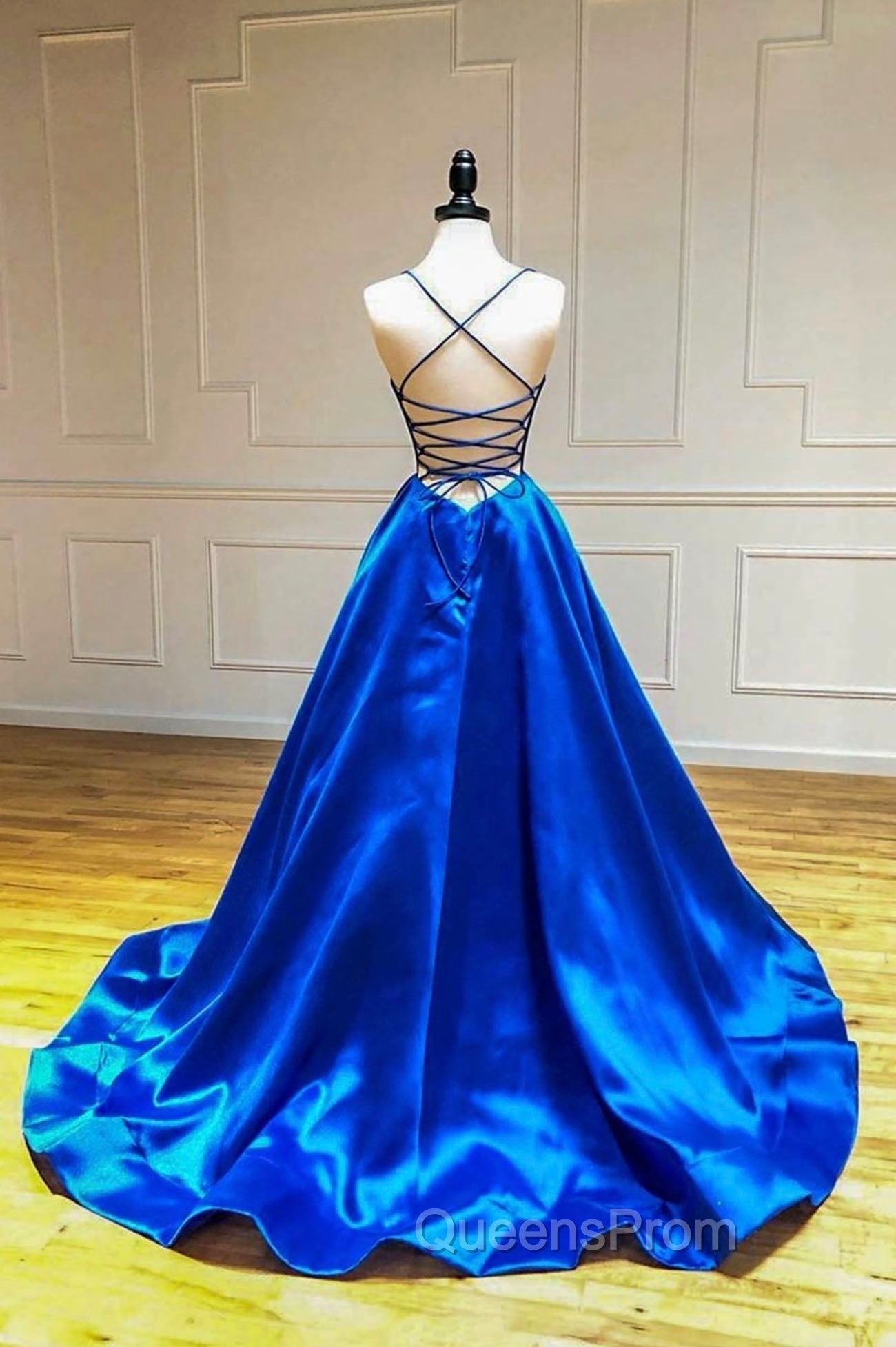 Blue V-Neck Satin Long Evening Dress, A-Line Backless Evening Prom Dress Secondary image