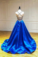Blue V-Neck Satin Long Evening Dress, A-Line Backless Evening Prom Dress