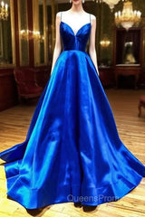 Blue V-Neck Satin Long Evening Dress, A-Line Backless Evening Prom Dress