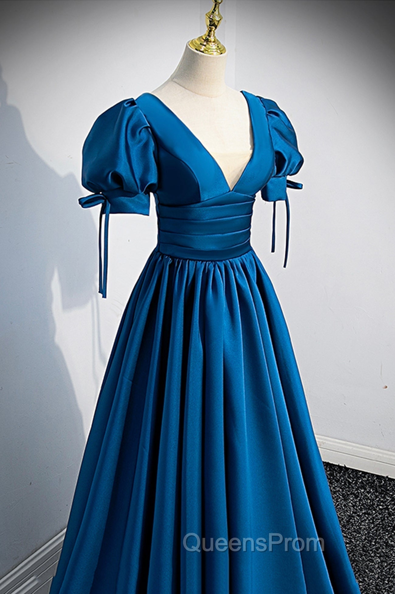 Blue V-Neck Satin Long Evening Prom Dress, A-Line Short Sleeve Evening Dress Secondary image