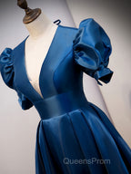 Blue v neck satin long Evening Prom Dress blue satin evening Dress