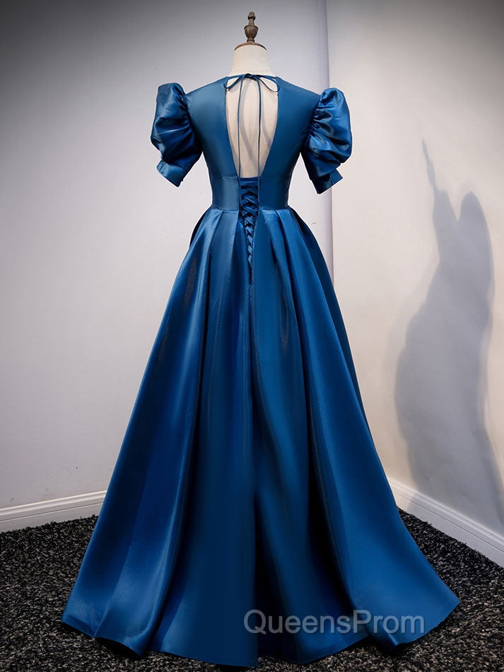 Blue v neck satin long Evening Prom Dress blue satin evening Dress