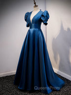 Blue v neck satin long Evening Prom Dress blue satin evening Dress
