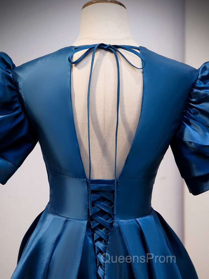 Blue v neck satin long Evening Prom Dress blue satin evening Dress
