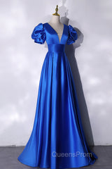 Blue V-Neck Satin Long Evening Prom Dress, Simple Blue Evening Party Dress