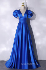 Blue V-Neck Satin Long Evening Prom Dress, Simple Blue Evening Party Dress