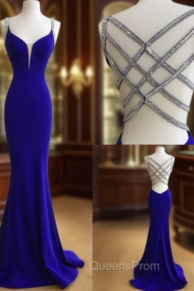 Blue V Neck Sequin Long Evening Prom Dress, Unique Blue Evening Dress
