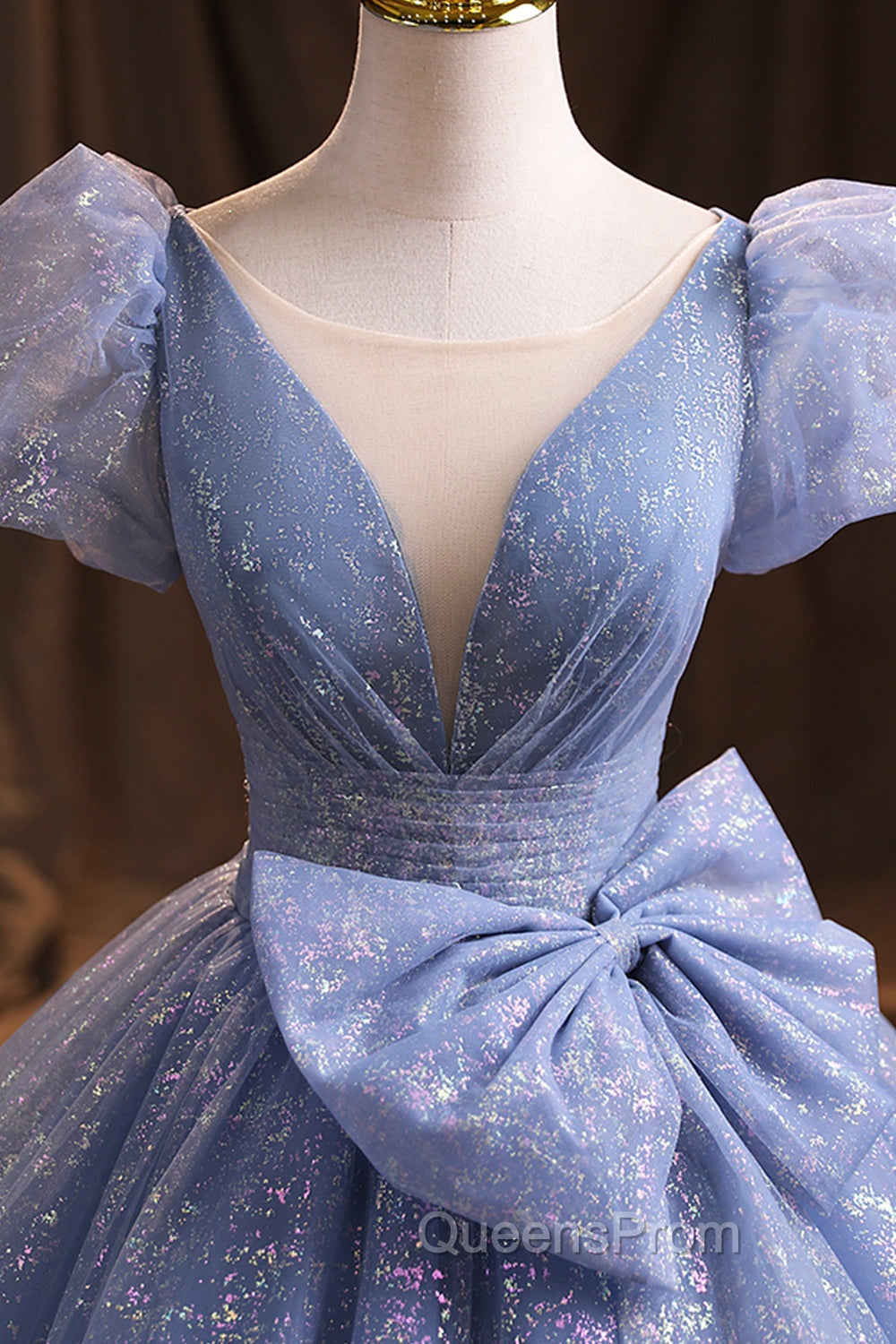 Blue V-Neck Shiny Tulle Long Evening Prom Dress, A-Line Short Sleeve Evening Dress