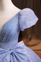 Blue V-Neck Shiny Tulle Long Evening Prom Dress, A-Line Short Sleeve Evening Dress