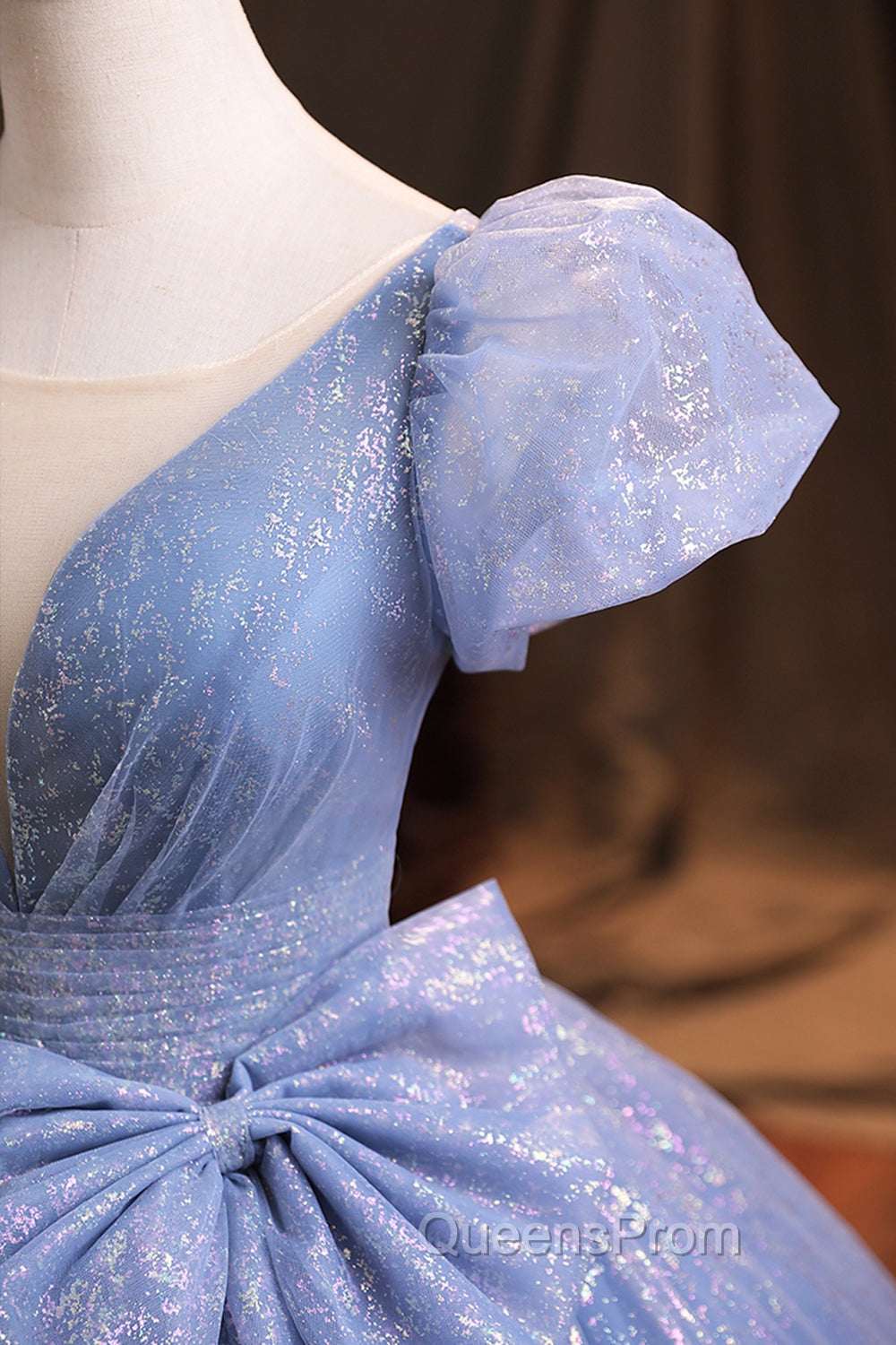 Blue V-Neck Shiny Tulle Long Evening Prom Dress, A-Line Short Sleeve Evening Dress