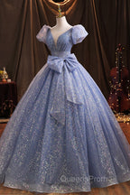 Blue V-Neck Shiny Tulle Long Evening Prom Dress, A-Line Short Sleeve Evening Dress