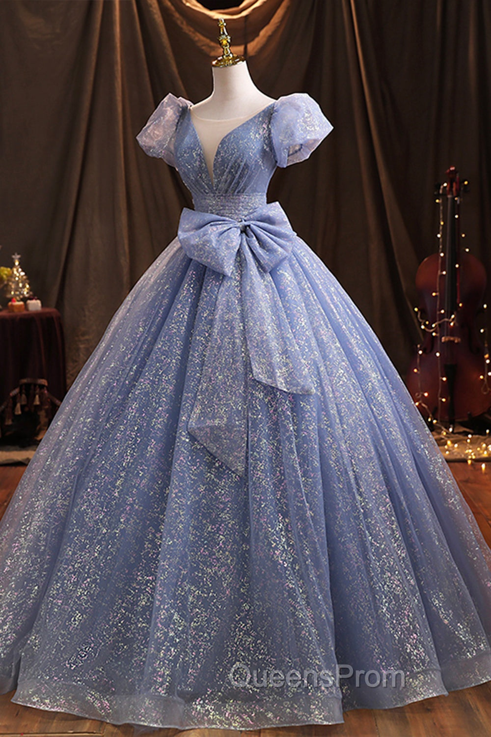 Blue V-Neck Shiny Tulle Long Evening Prom Dress, A-Line Short Sleeve Evening Dress