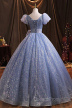 Blue V-Neck Shiny Tulle Long Evening Prom Dress, A-Line Short Sleeve Evening Dress