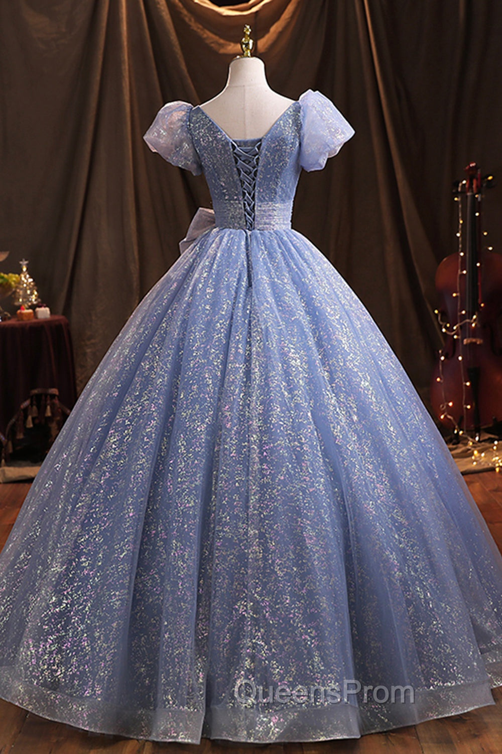 Blue V-Neck Shiny Tulle Long Evening Prom Dress, A-Line Short Sleeve Evening Dress