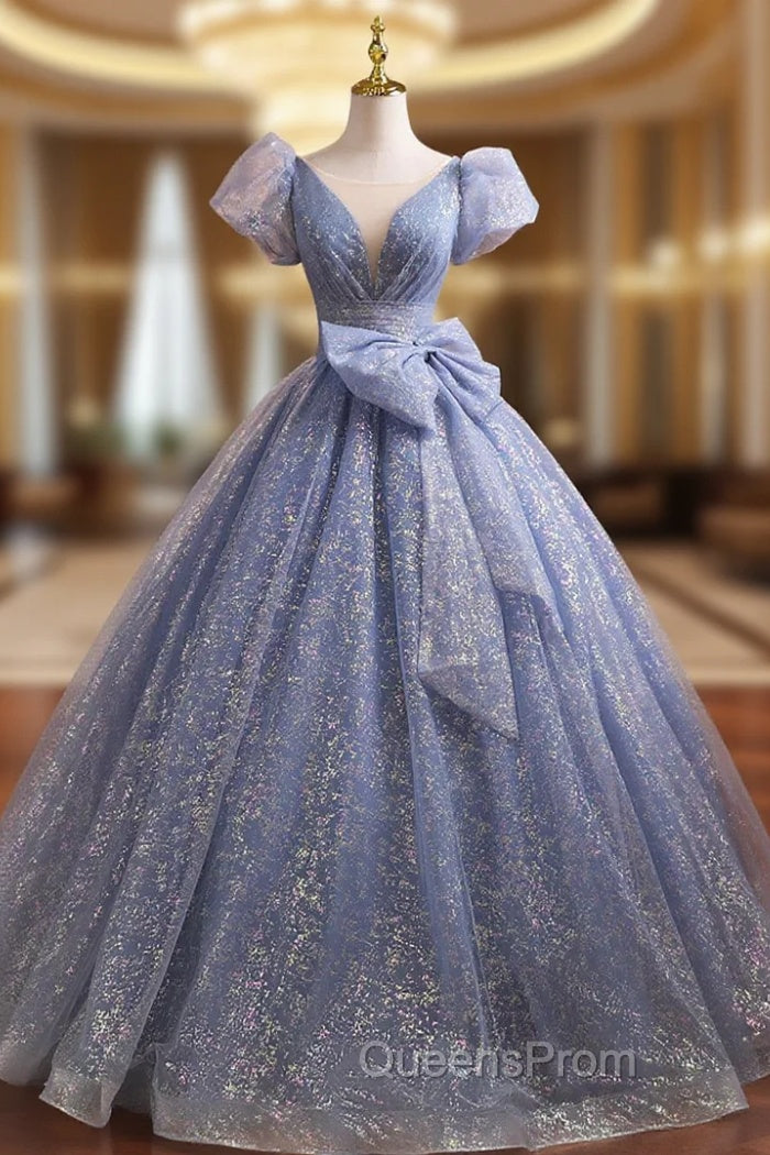 Blue V-Neck Shiny Tulle Long Evening Prom Dress, A-Line Short Sleeve Evening Dress Main image