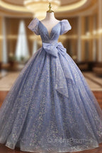 Blue V-Neck Shiny Tulle Long Evening Prom Dress, A-Line Short Sleeve Evening Dress