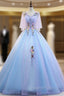 Blue V-neck Tulle Appliques Beading Floor Length Quinceanera Dress