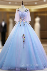 Blue V-neck Tulle Appliques Beading Floor Length Quinceanera Dress