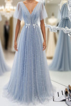 Blue v neck tulle beads long Evening Prom Dress, blue tulle formal Dress